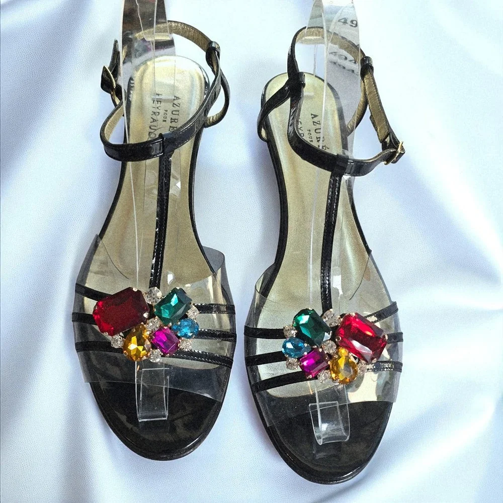 Azuree‎ Pour Heyraud Embellished Wedge Sandals Black Clear Strappy Woman Size 8